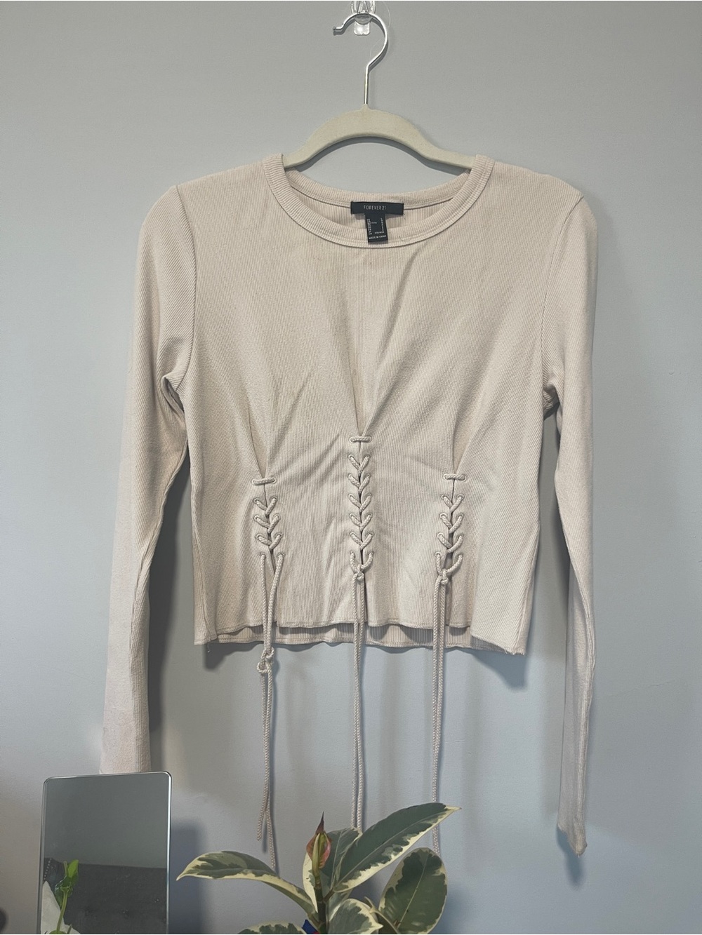 Forever 21 Cream Lace-Up Ribbed Long Sleeve Top